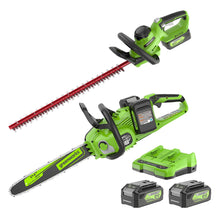 画像をギャラリービューアに読み込む, Greenworks 2*24V 356mm ブラシレス充電式チェーンソーと剪定ばさみ、バッテリーと充電器が付属