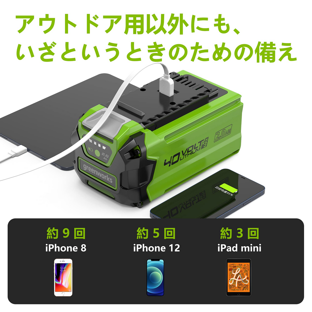 Greenworks 40V 2ah 充電式リチウムイオ ン·バッテリー usb付き スマートフォン、USB機器の充電にも 小型/軽量/高容量/バッテリー容量指示ライト付き