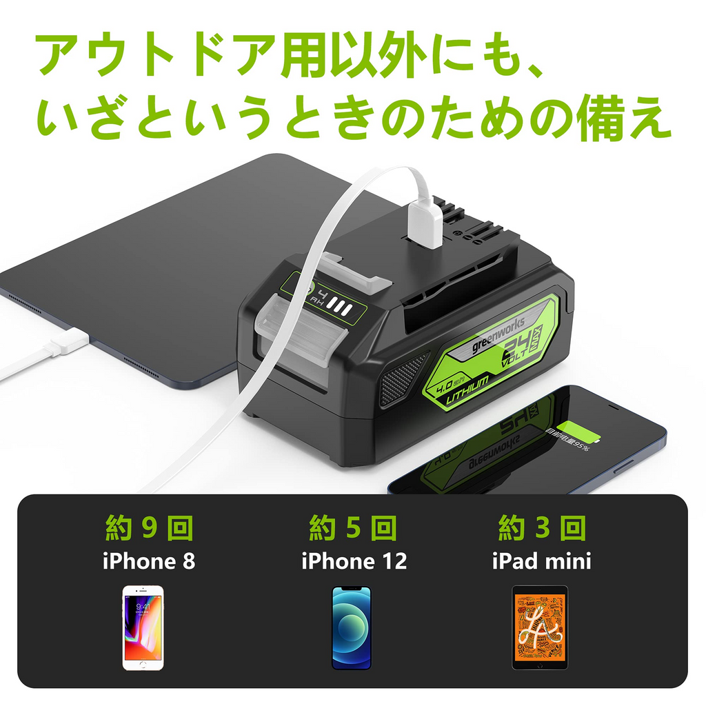 greenworks 24V 4ah 充電式リチウムイオ ン·バッテリー usb付き スマートフォン、USB機器の充電にも 小型/軽量/高容量/バッテリー容量指示ライト付き