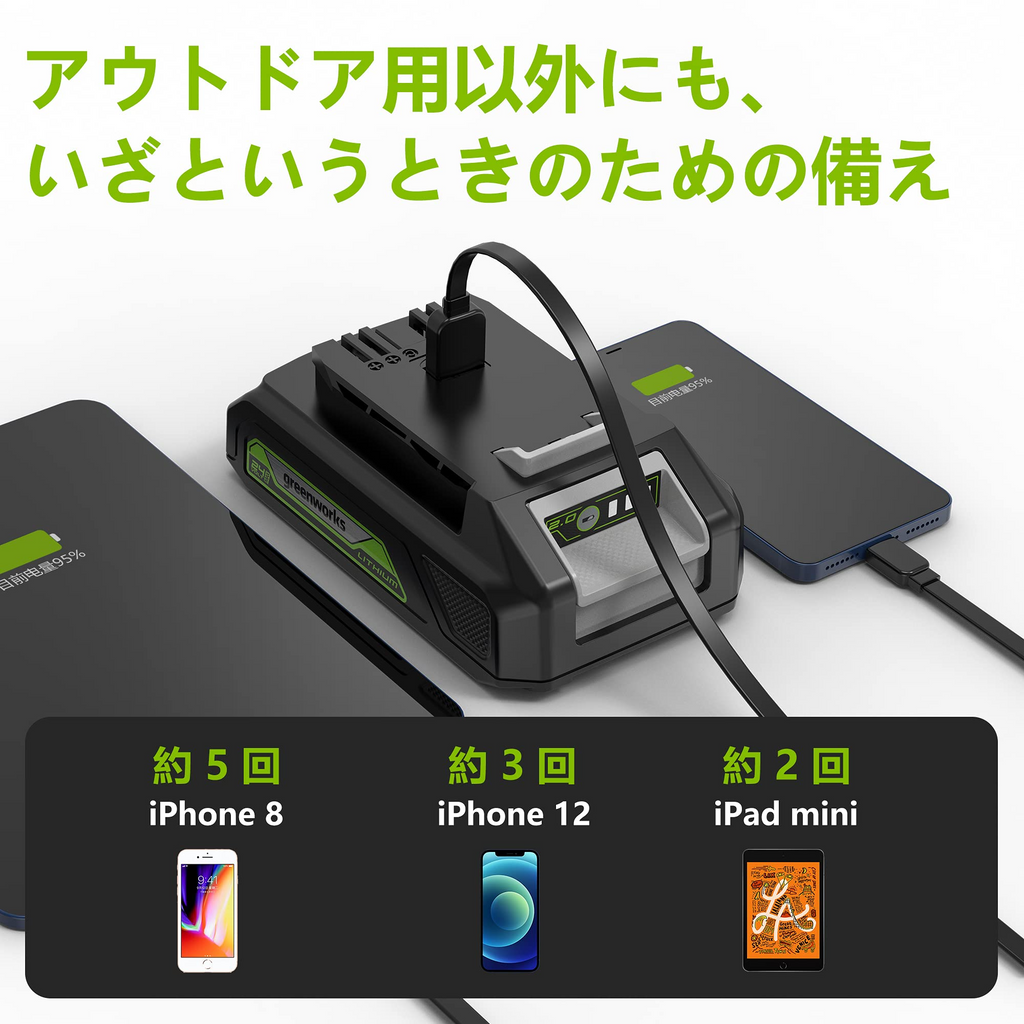 greenworks 24V 2ah 充電式リチウムイオ ン·バッテリー usb付き スマートフォン、USB機器の充電にも 小型/軽量/高容量/バッテリー容量指示ライト付き