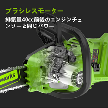 画像をギャラリービューアに読み込む, Greenworks 2*24V 356mm ブラシレス充電式チェーンソーと剪定ばさみ、バッテリーと充電器が付属