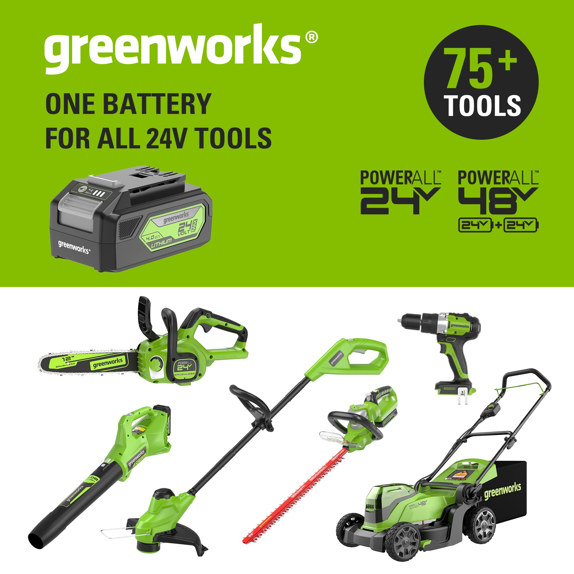 Greenworks 2*24V 356mm ブラシレス充電式チェーンソーと剪定ばさみ